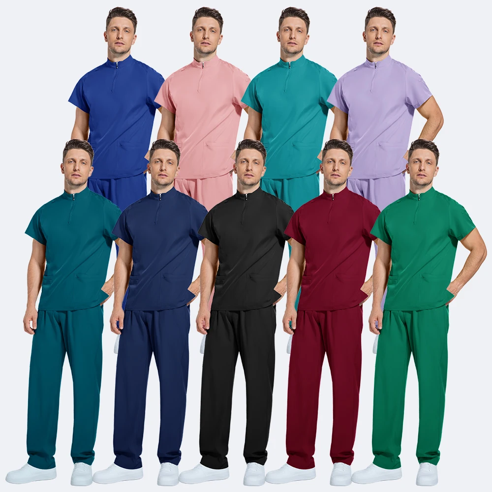 Uniformes médicaux unisexes, ensemble d'infirmière à col zippé, vêtements de travail pour médecin d'hôpital à manches courtes pour femmes, uniforme de travail pour chirurgie dentaire orale