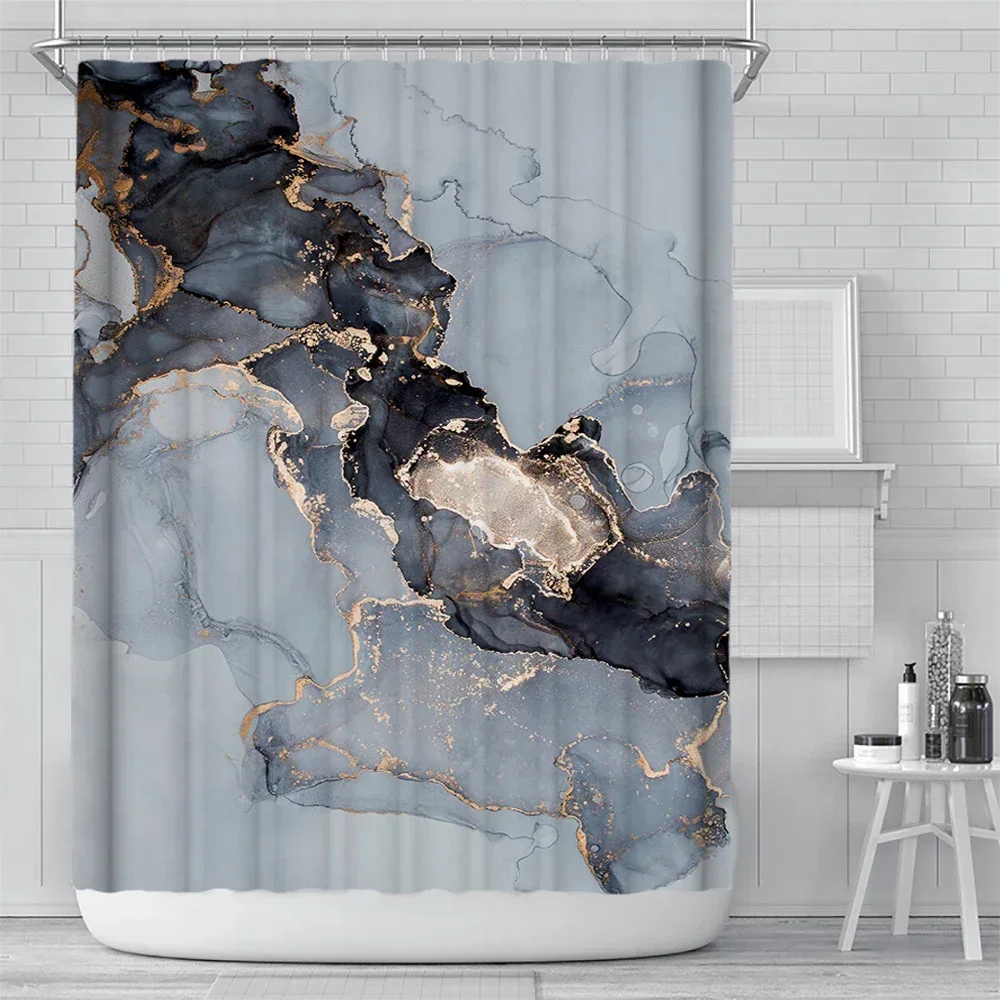 Abstract Navy Blue Gold Marble Shower Curtain Modern Luxury Golden Cracked Lines Fabric Bathroom Curtain Fashion Decor with Hook