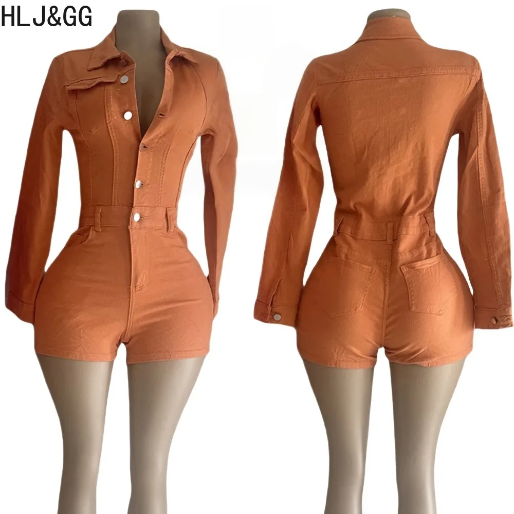 HLJ&GG Fashion Bodycon Denim Romper Woman Solid Color Long Sleeves One Piece Jumpsuit Female Streetwear Overalls 2025 Summer New