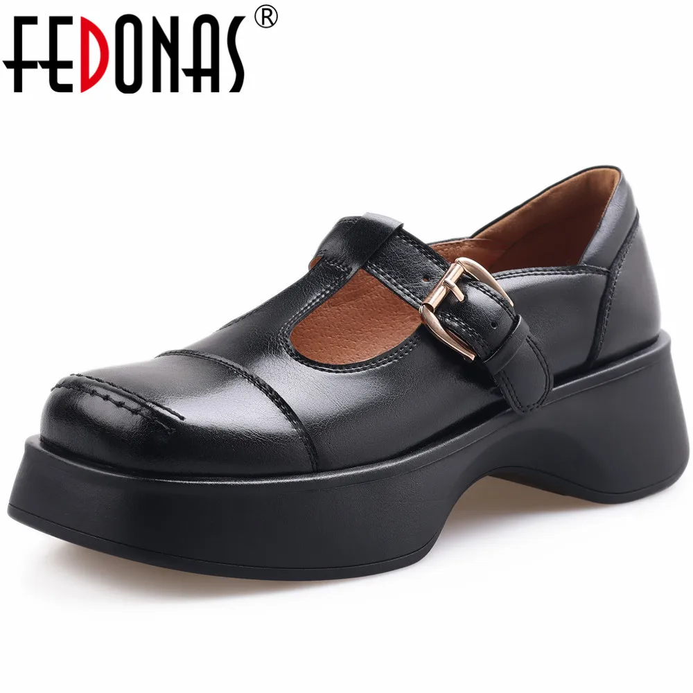 

FEDONAS Women Genuine Leather Pumps Platforms Concise Basic Shoes Woman Buckle Spring Summer Casual Working Shoes Retro Style