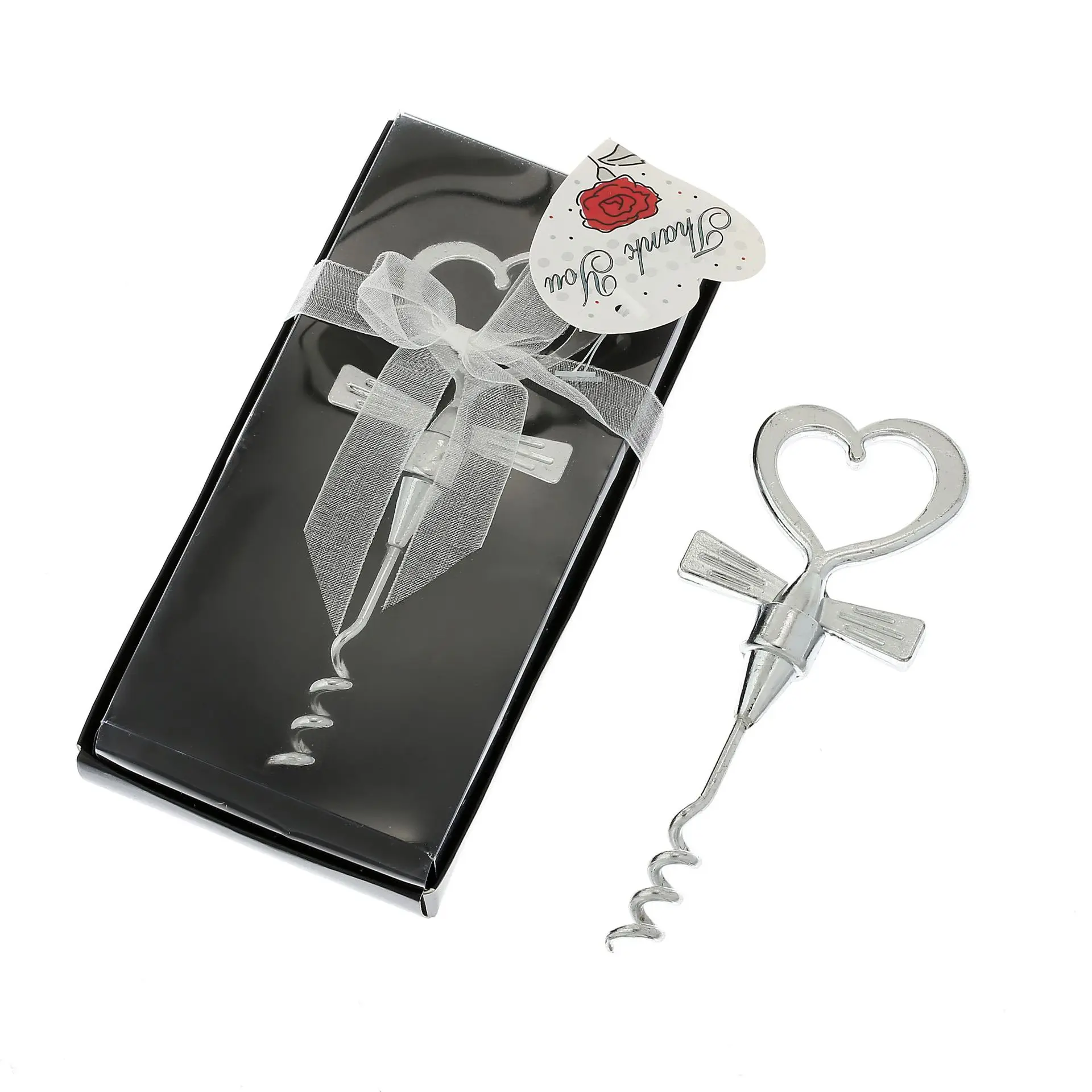 

Free shipping 5pcs/lot Wedding Souvenir Tuxedo Heart Corkscrew in Gift Box with Sheer Organza Ribbon and Tag