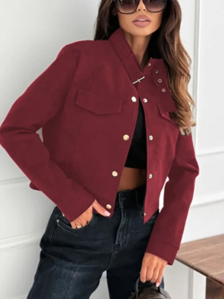 

Сплошной цвет, короткая куртка для женщин, весенняя мода, хаки, однорядный кардиган с пряжкой, пальто, осеннее женское офисное пальто с длинными рукавами