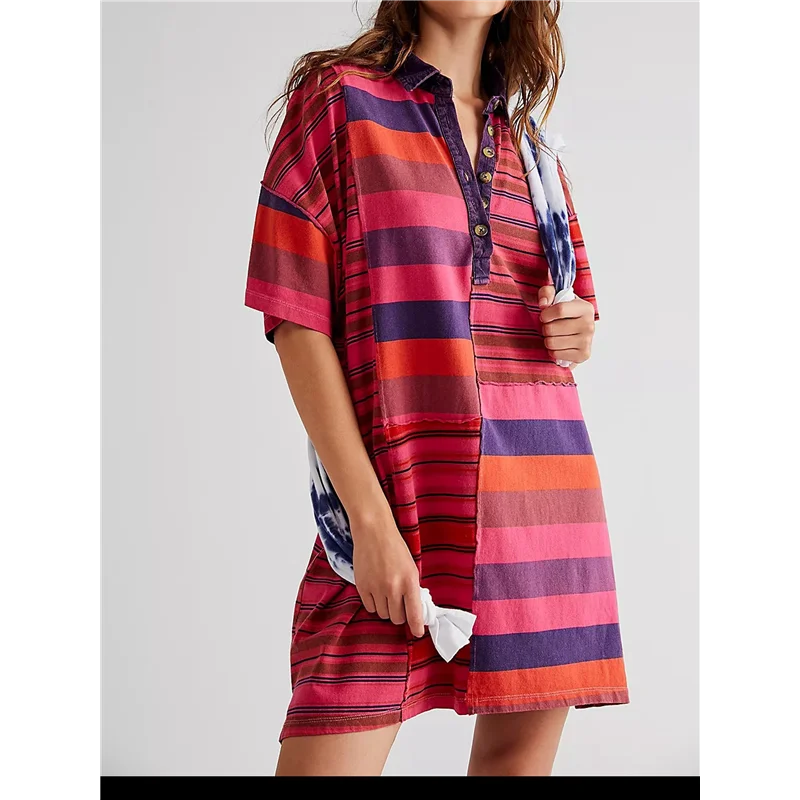 A83F-Women Contrast Striped Babydoll Y2k Summer Patchwork Mini T- Shirt Vintage V Neck Short Sleeve Dress