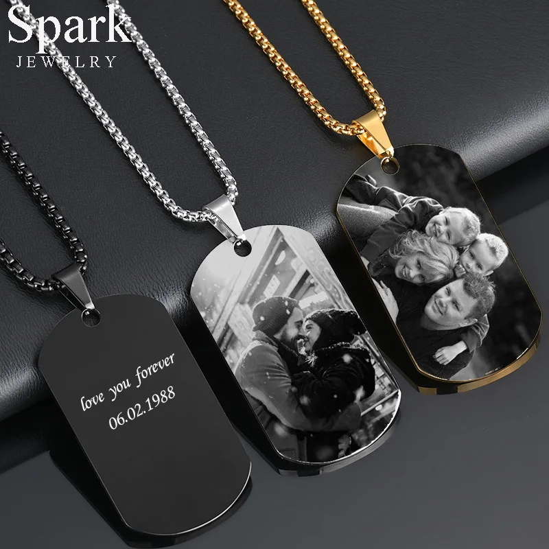 Spark Engraved Name Date Rectangle Pendant Necklace Personalized Picture For Women Men Fashion Family Customized Jewelry Gifts