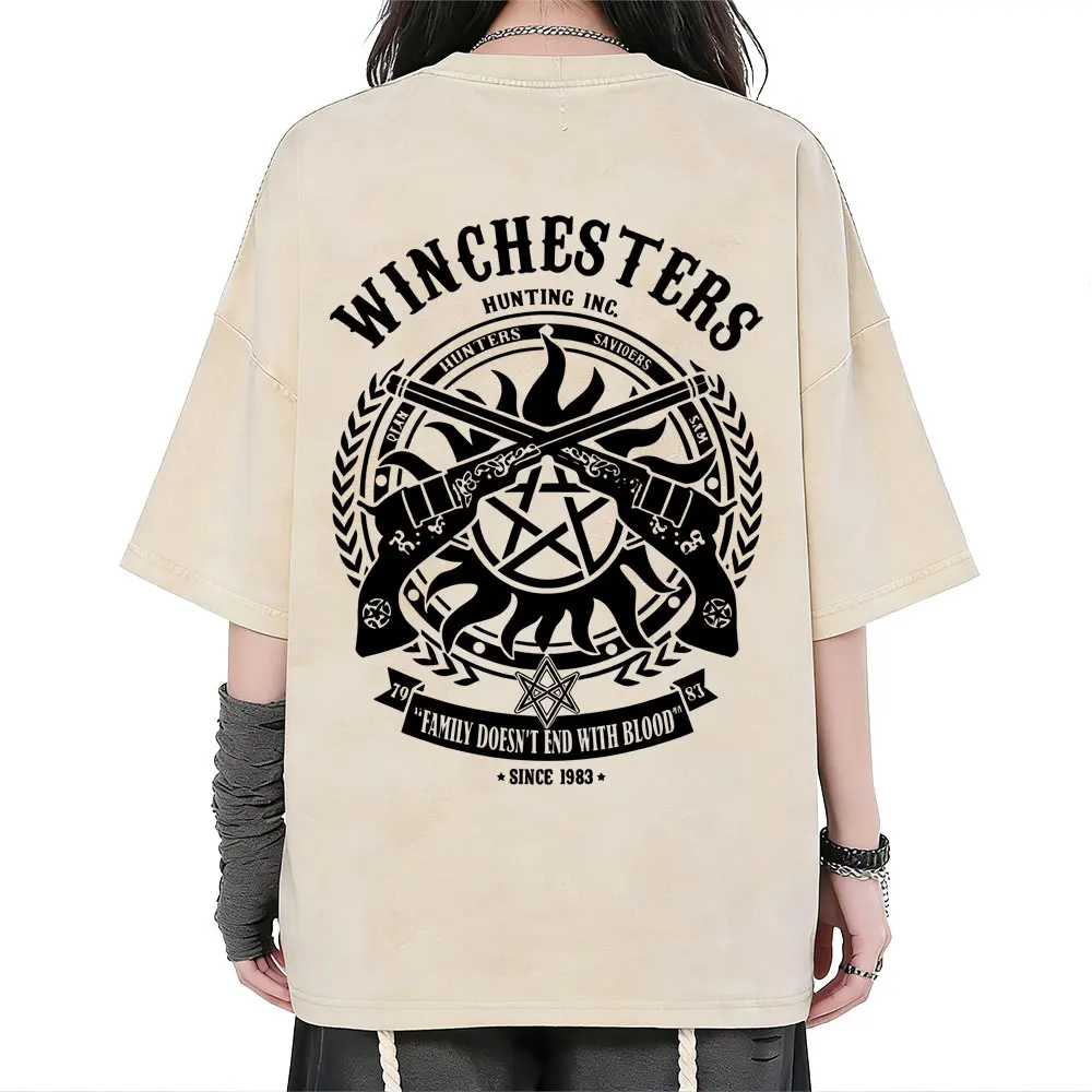 

Washed Vintage TV Series Supernatural Merch T Shirt Men Casual Retro Oversized Short Sleeve T Shirts Male 100% Cotton T-shirts