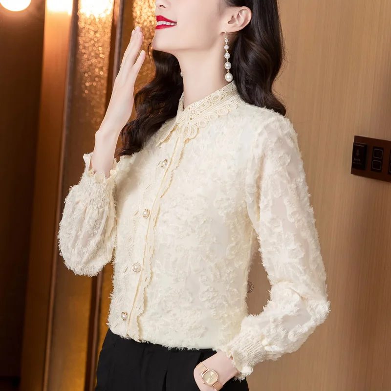 2023 Autumn Women New Chiffon Jacquard Long Sleeve Ruffle Lace Shirts Office Lady Solid Elegant Simple Blouse Female Clothing