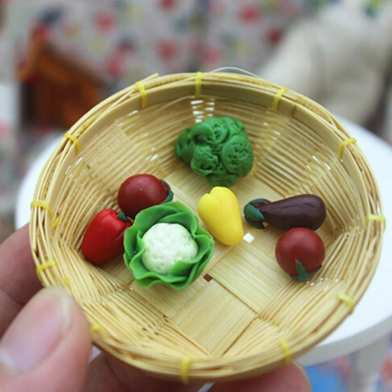 Casa de muñecas en miniatura, juguete de cocina de 7 piezas, 1:12, vegetales, bróculos, berenjenas, pimientos, tomates, comida de juego de simulación