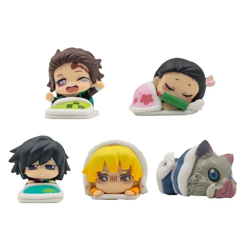 Novo 5 pçs/set anime demon slayer q versão posição de dormir figura de ação kawaii mini pvc modelo boneca brinquedo decoração mesa presentes