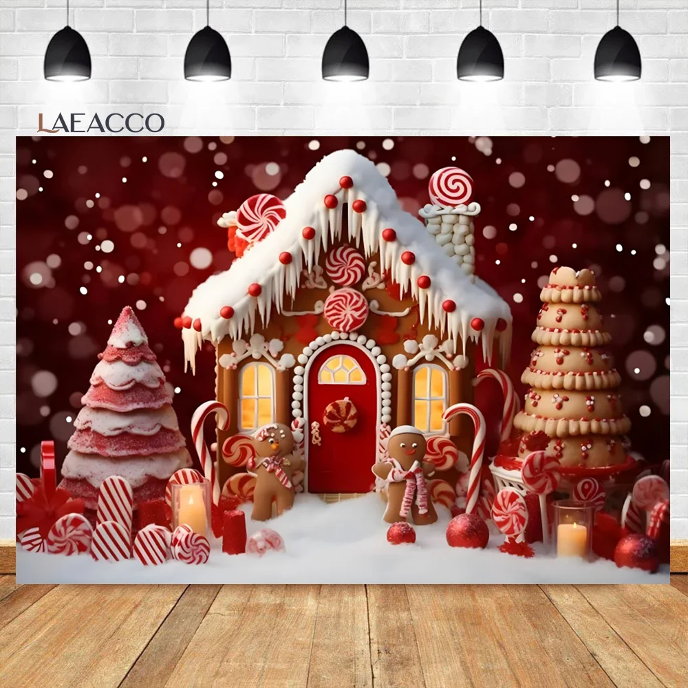 

Laeacco Christmas Gingerbread House Background Merry Xmas Red Candy Winter Snowflakes Santa Kids Portrait Photography Backdrop