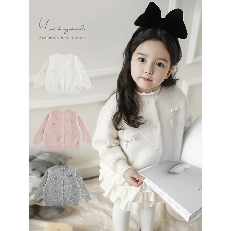 

Girls Bowtie Tied Knitted Jacket 2025 New Spring Autumn Children Fluffy Cotton Soft Sweater Cardigan Trend