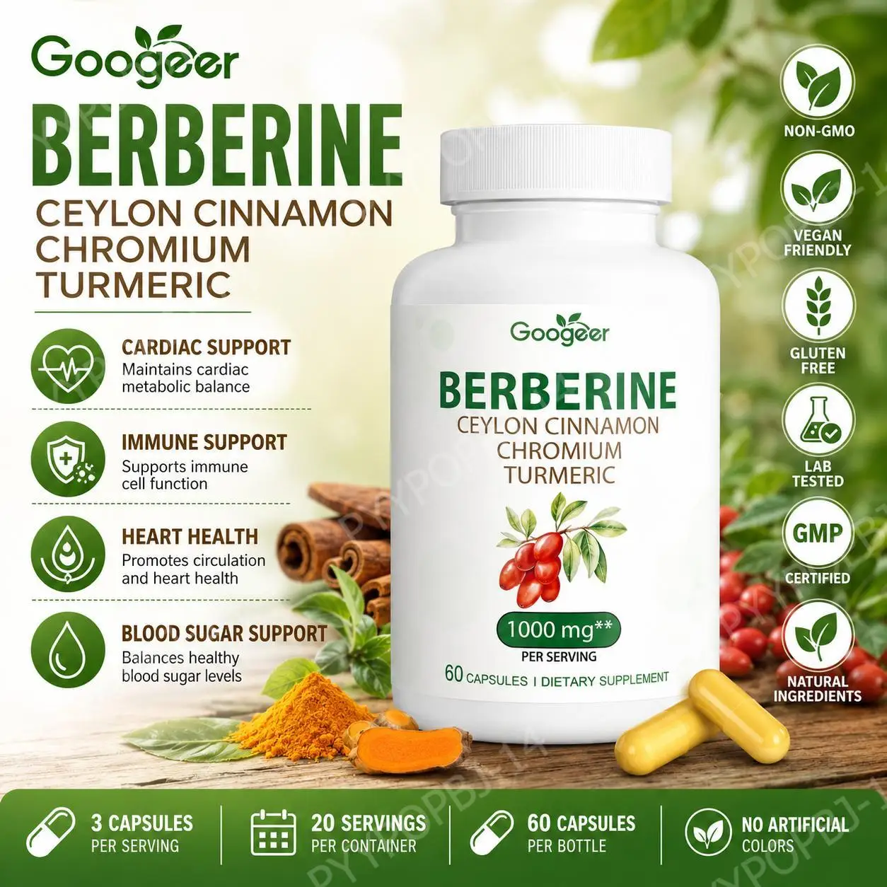 Cápsulas de Berberina Googeer con Cromo, Extracto de Canela de Ceilán (5:1) y Cúrcuma; Favorece el Metabolismo Cardíaco; 60 Cápsulas