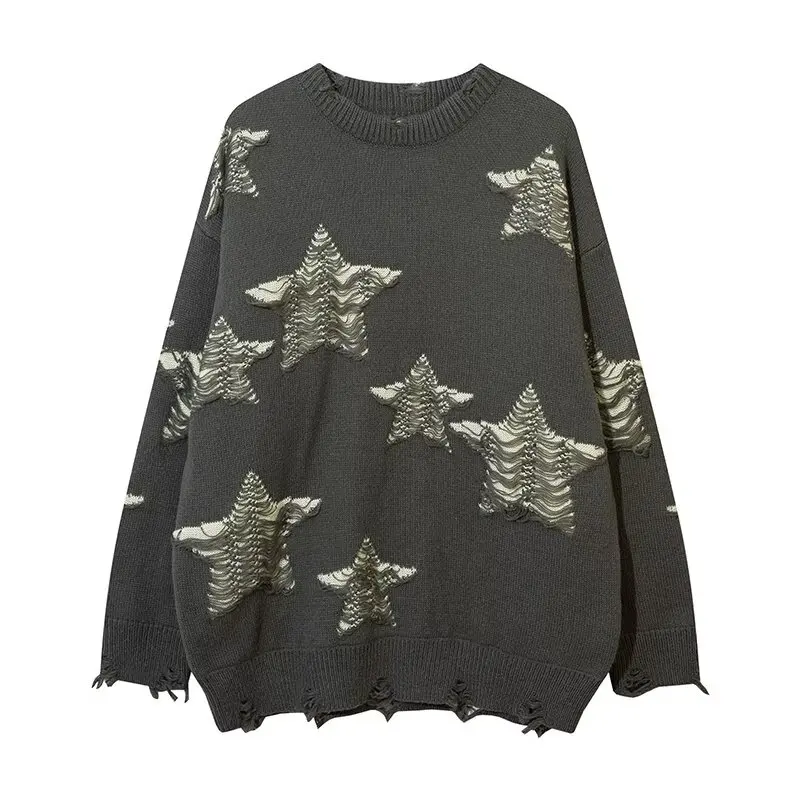 Star Hole Sweater American Niche Raw Edge Tattered Style Spliced Pullover Men Women's Fashion Heavy Industry Knit Sweater Trend