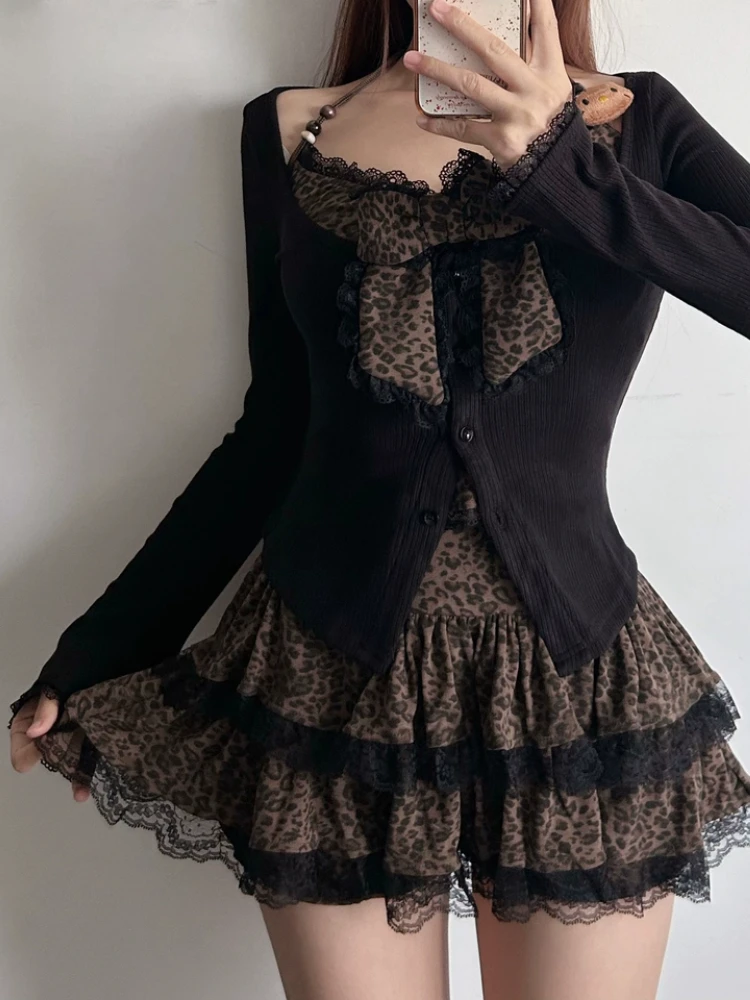 

Весенний комплект Coolgirl с леопардовым принтом, комплект из 2 предметов, женские кружевные тонкие топы с бантом, мини-юбка в стиле пэчворк, новая японская мода, костюм в стиле ретро Y2K