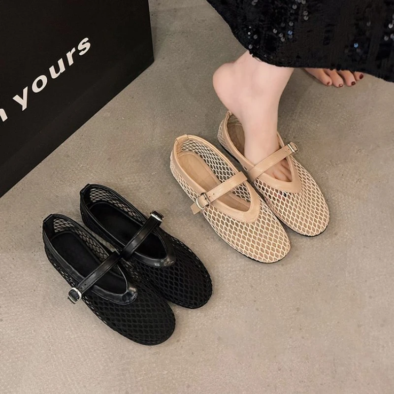 In Summer Wear Round Toe Shoes for Women Casual and Comfortable Women's Flats Cut-out Mary Jane Single Shoes Fishnet Shoes