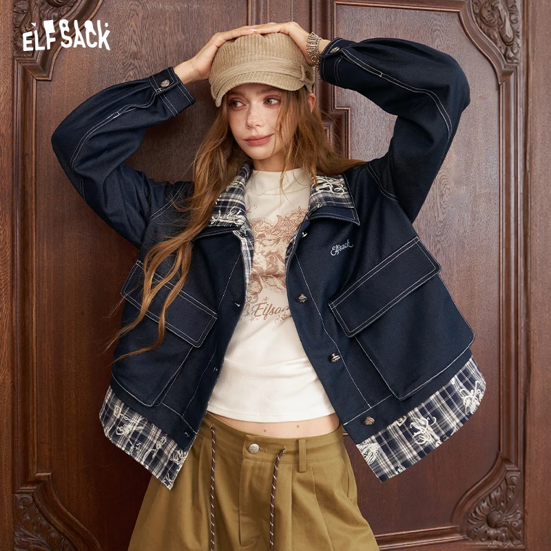 ELFSACK Women's Outerwear Jacket with Plaid Patchwork, Contrast Collar Coat for Everyday, Casual Cropped Outerwear Top