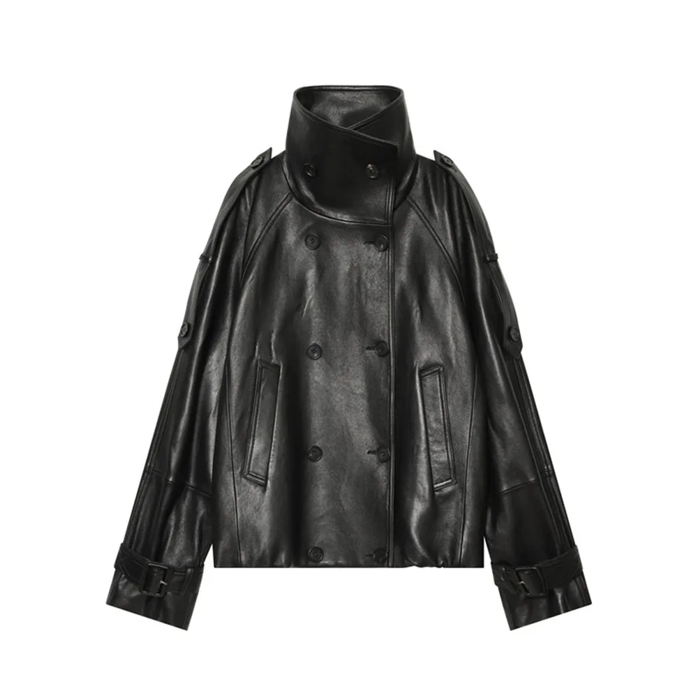 Black Women’s Leather Jacket Short Classic Design Stand Collar Top Windproof Warm Coats Daily Commute Casual Style Outerwear