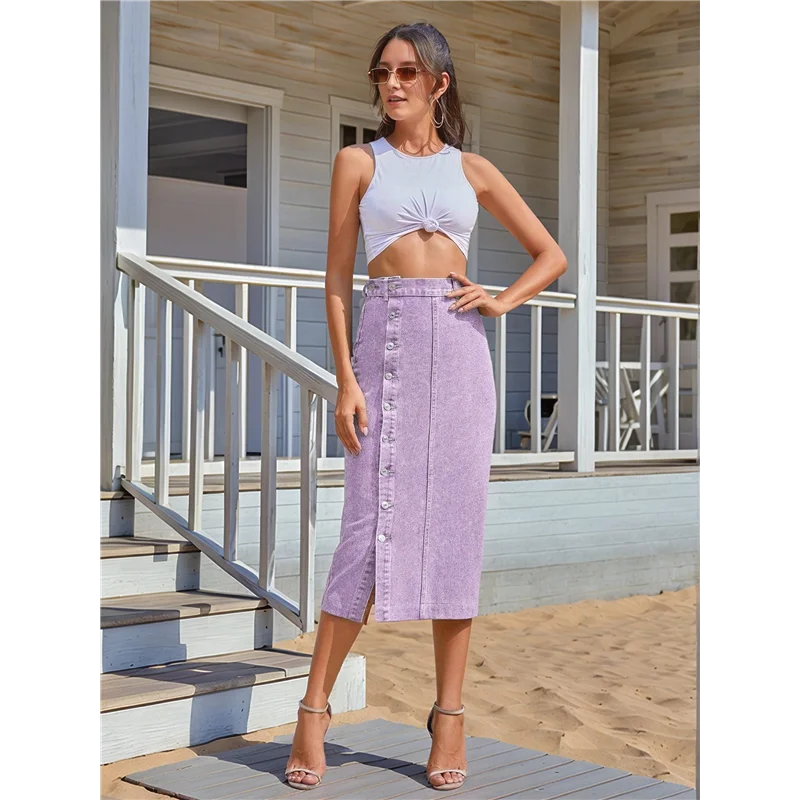 

ASDS-Womens Casual Slit Denim Midi Jean Skirt Stretch High Waist Frayed Button Up