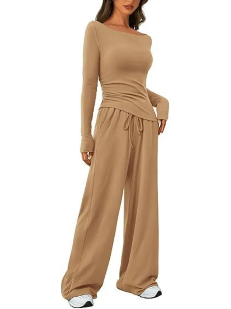 Autumn Asymmetrical Long-sleeved O-neck Top + Wide-leg Pants 2-piece Set For Women Fashion Solid Color Slim Sports Female Suit