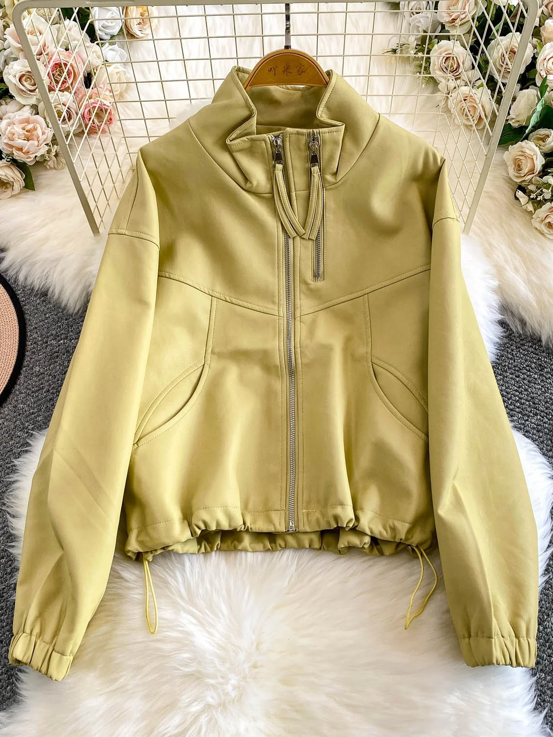 Ele bleu PU cuir Jaet femmes col à glissière motard Sle vêtements d'extérieur automne hiver chaud Faionable coupe droite manteau