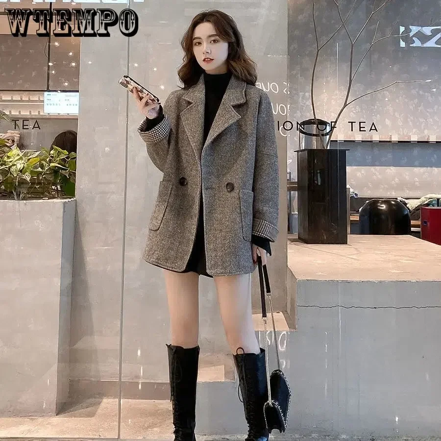 Woolen Suit Coat Women's Korean British Style Loose and Thin Coat Autumn and Winter Casual Single Button Tweed Trench Blazer Top