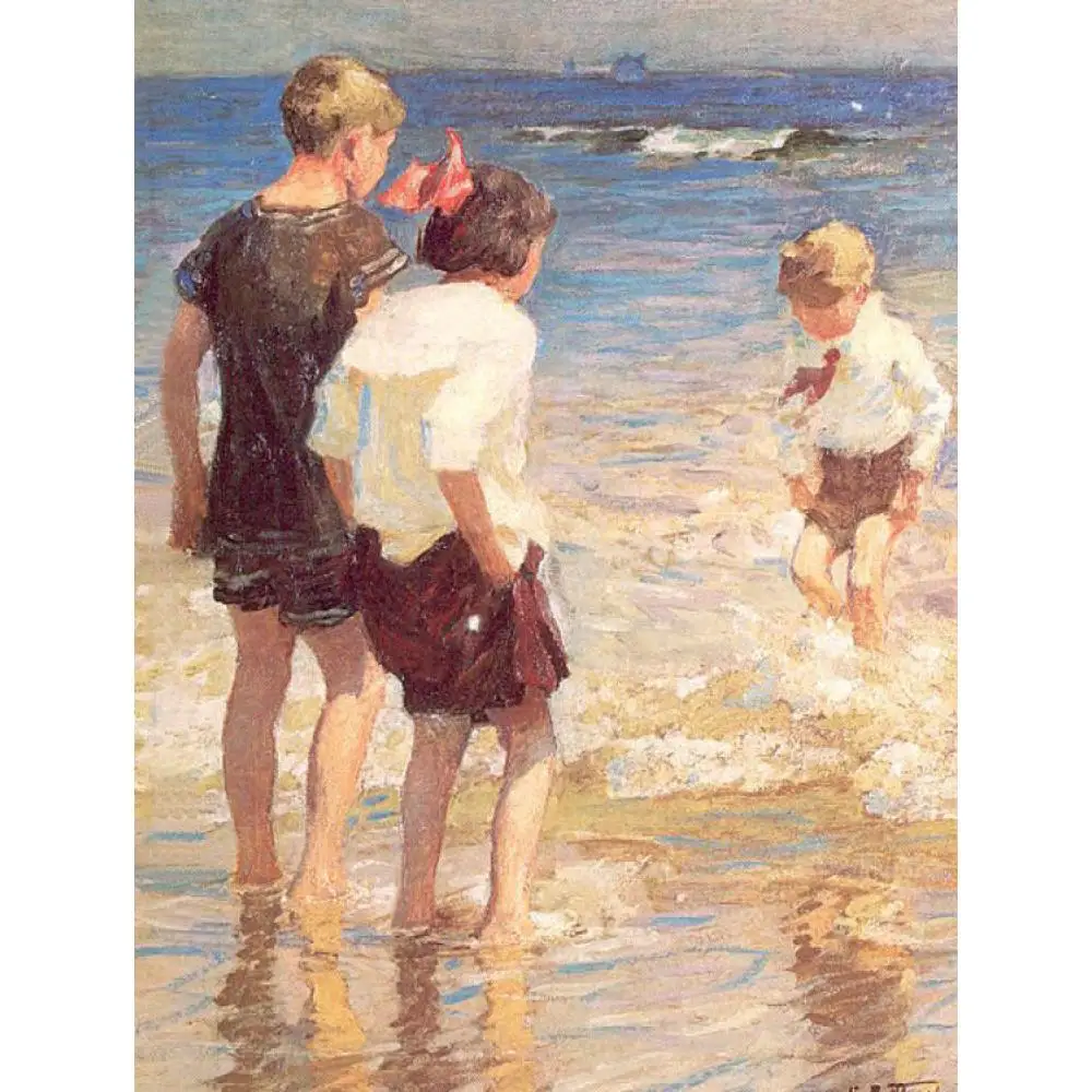 Children On the Beach Canvas Art Oil Painting Handmade Edward Henry Potthast Modern Landscape Artwork for Kid Room Wall Decor