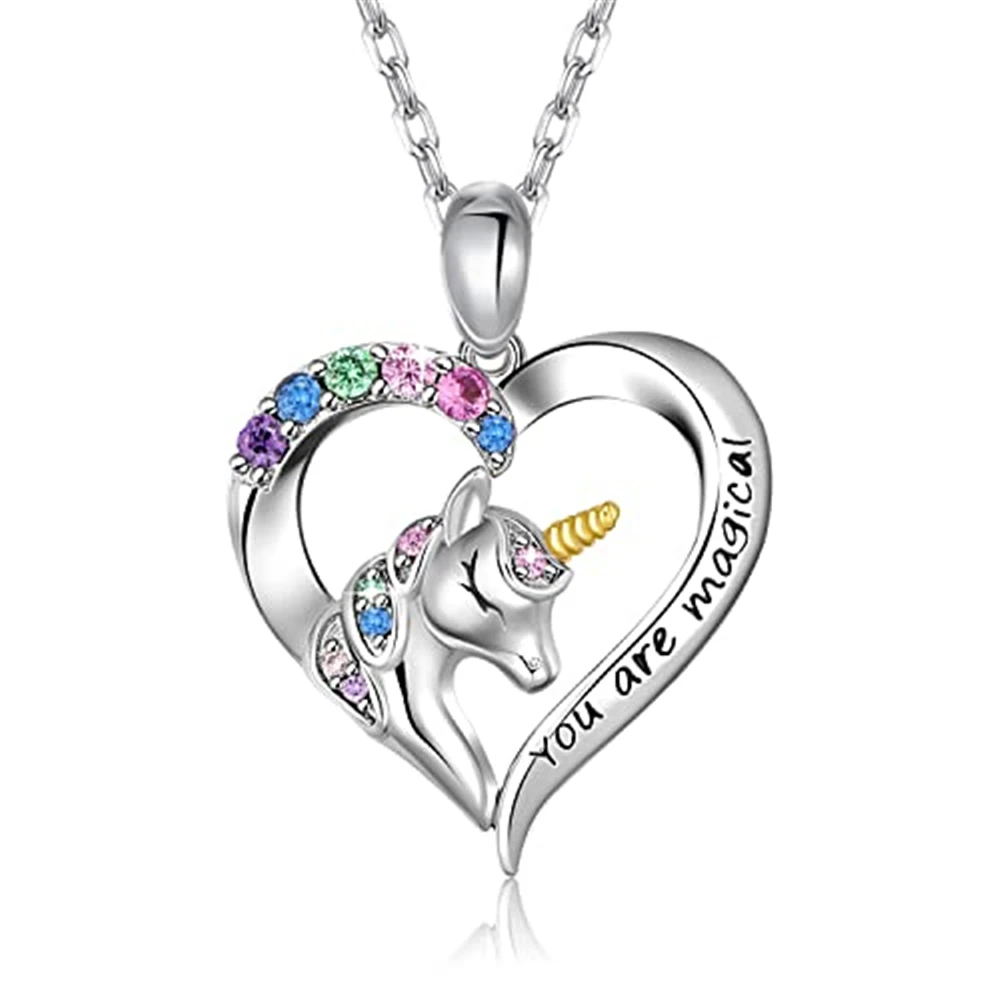 Exquisite Colorful Rhinestone Fantasy Unicorn Pendant Necklace for Women Fashion Girl Princess Birthday Jewelry Gift