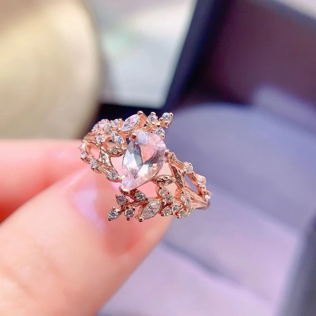 

925 Silver Morganite Ring for Party 5*7mm 0.6ct Natural Morganite Jewelry Sterling Silver Gemstone Jewelry with 18K Gold Plated