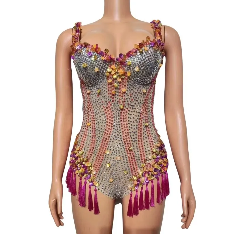 

Sling Bodysuit Sparkly Gold Full Rhinestones Sequins Bar Nightclub Party Disco Sleeveless Leotard DJ Singer Sexy Stage Costume