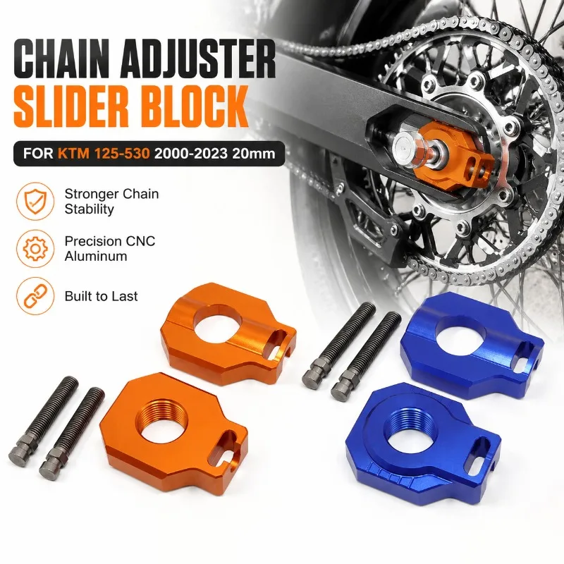 Bloc de réglage de chaîne de roue arrière usiné CNC 20 mm pour KTM 125-530 Dirt Bike 2000-2023 – Alignement précis de la roue et tension optimisée