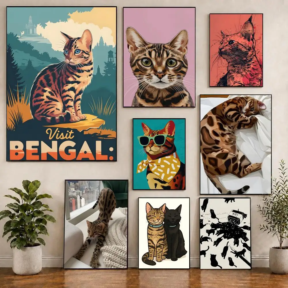 Animal Bengal Cat Poster Waterproof Sticky WallArt Print For Bedroom Living Room Hallway Bar Home Decor