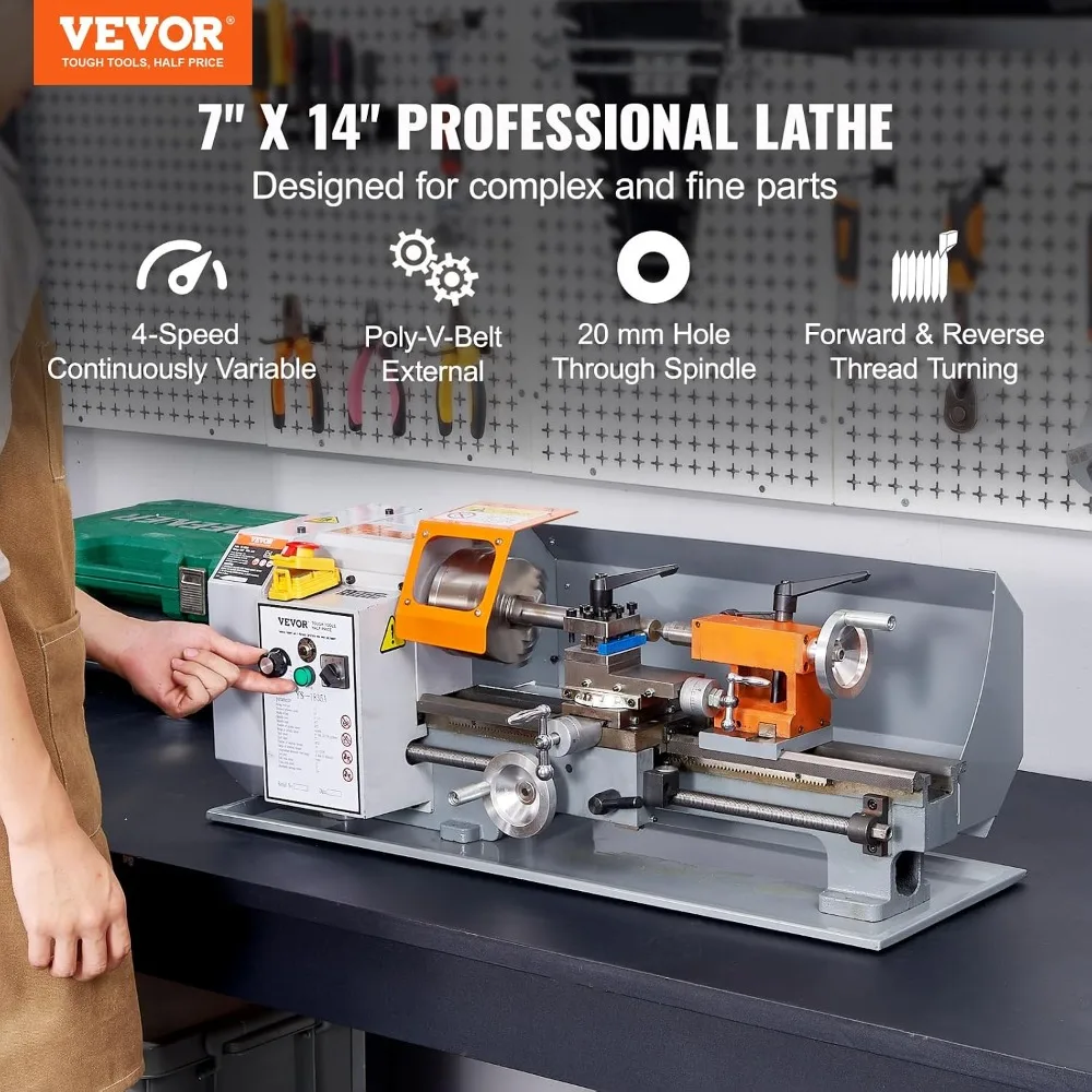 Metal Lathe Machine, 7'' x 13.78'', Precision Benchtop Power Metal Lathe, 0-2200 RPM Continuously Variable Speed, 500W Bru