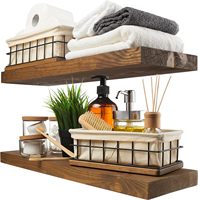 Set of 2 Classic Natural Solid Wood Wall Shelf Hanging Storage Furniture Metal Mounted Wall Floating Shelves