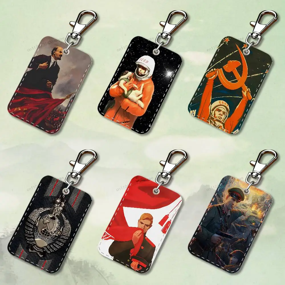 Banner Russian USSR Custom Access Card Case Leather Card Holder Keychain Key Ring Transportation Card Case Gifts
