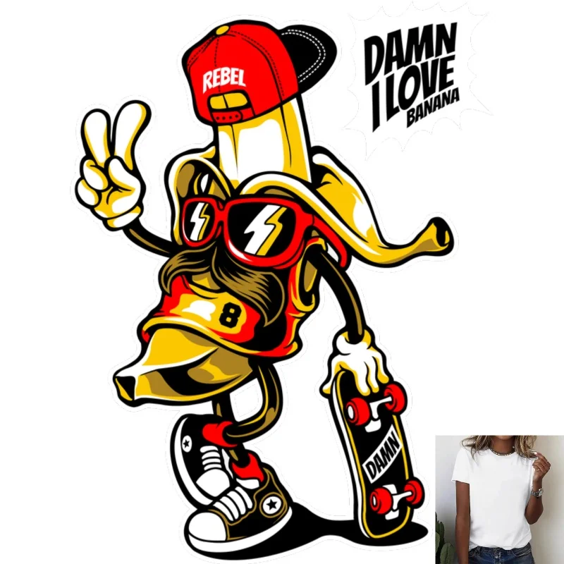 Trendy Street Style Skateboarding Banana with Cap Heat Transfer White Ink Iron - on Patch,Fun Pattern,Suitable for T -