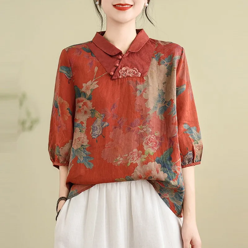 Chinese Style Casual Blouses Shirt Women New Arrival 2024 Summer Vintage Print Loose Female Half Sleeve Cotton Tops Shirts B3759