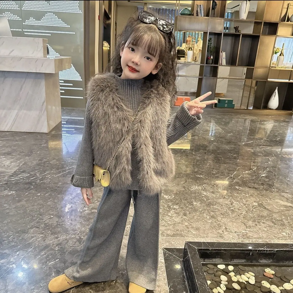 Elegance Winter Childent Warm Girls Artificial fur Thick Vest Leather jacket Waistcoat+Sweater+Pants 3Pcs Suits Party Clothes