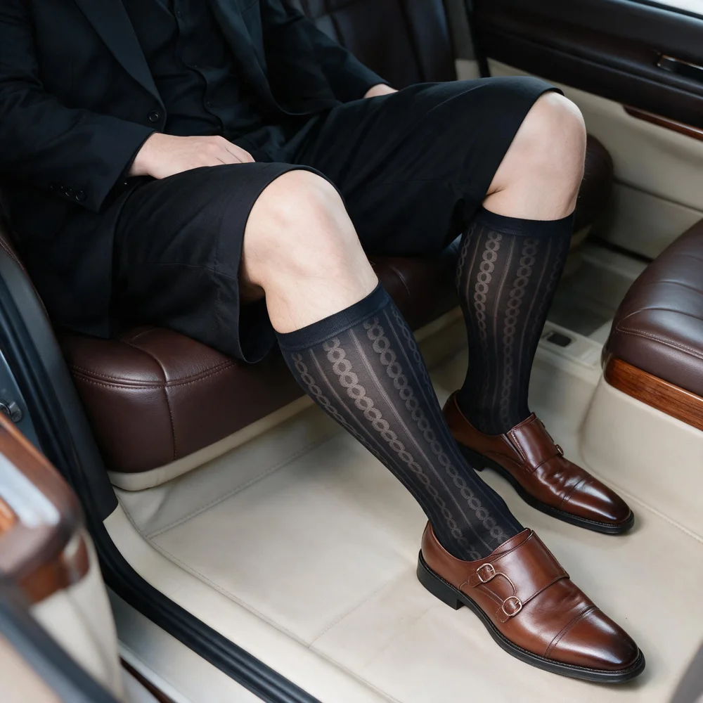 Men's Black Sheer Over-the-Calf Knee High Dress Socks Vertical Chain Pattern Business Formal Suit Accessories Stretch Breathable