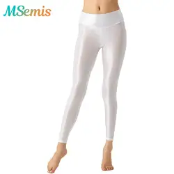 Womens Stretchy Athletic Calças Body-Building Yoga Fitness Cor Sólida Brilhante Calças Pilates Ampla Elastic Cintura Leggings