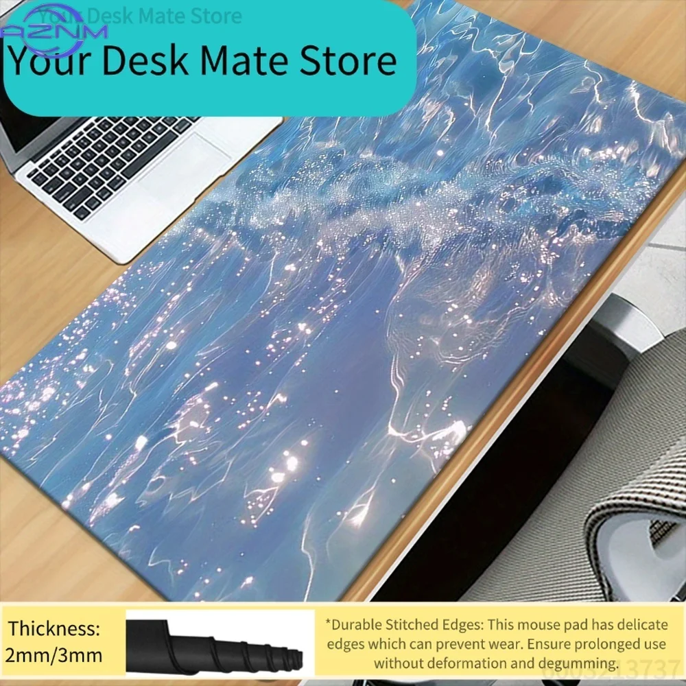 1 Large Blue Water Ripple Printed Non-Slip Stitched Edge Desk Mat for Gaming Office Home