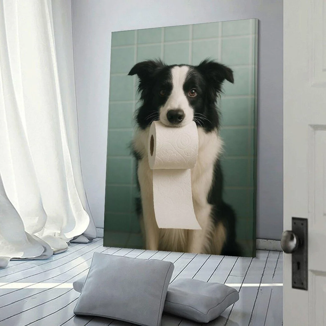 Whimsical Border Collie Toilet Paper WALL ART PRINT DECOR – Cheeky Bathroom Scene, a Cheerful Addition to Kids' Bathrooms or Gif