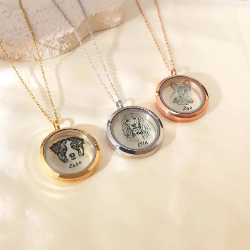 Personalized Pet Fur/Ashes Necklace Custom Pet Dog Cat Portrait Photo with Locket Memorialize Loss Pet Anniversary Gift