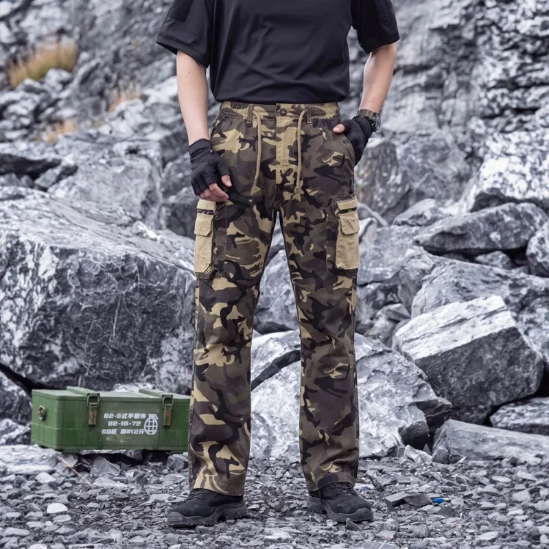 Outdoor Men Camo Tactical Cargo Pants Multi Pockets Drawstring Elastic Waist Wear Resistant Straight Hiking Work Streetwear Trou - view 2