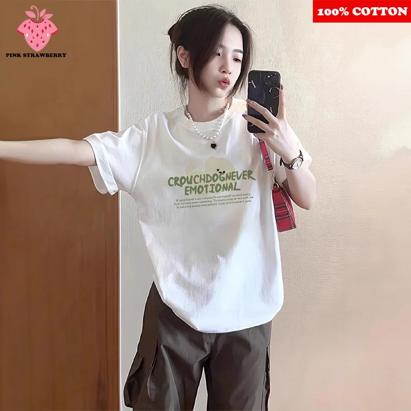 

Korean style short sleeve White T-shirt Women Summer 2025 New 100% Cotton Letter Print Tee Loose Casual Y2k Tops dames clothing