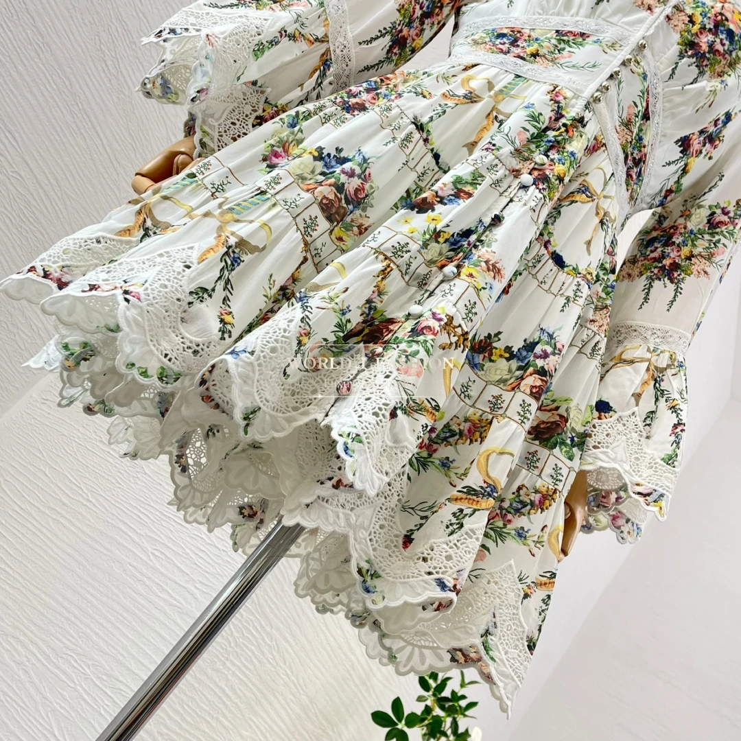 

Lace Backless Mini Dress 2025 New Beautiful Beige Green Floral Print Sleeveless