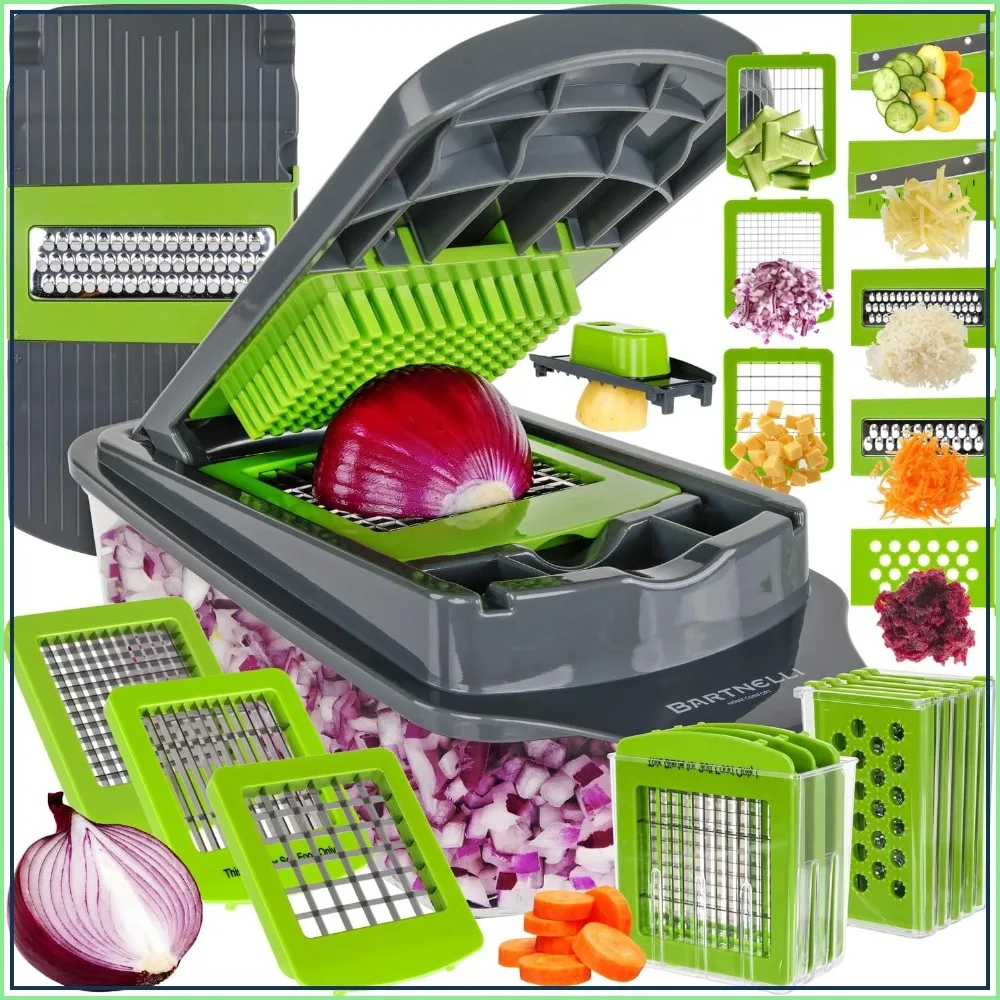 

15 Pc Vegetable Chopper Food Slicer Pro | MultiFuctional Kitchen Gadgets for Onion, Veggie, Cheese Grater, Vegetables Cutter With Large Container, Easy to Clean, Bonus Brush and Fork