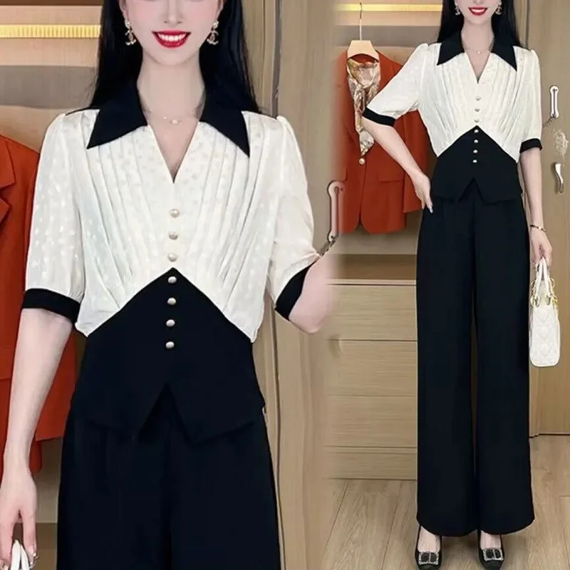 

Spring Summer Short Sleeve Women's Assorted Colors Suit Casual Shirt + Advanced Sense Versatile Wide Leg Pants Female 2-Piece