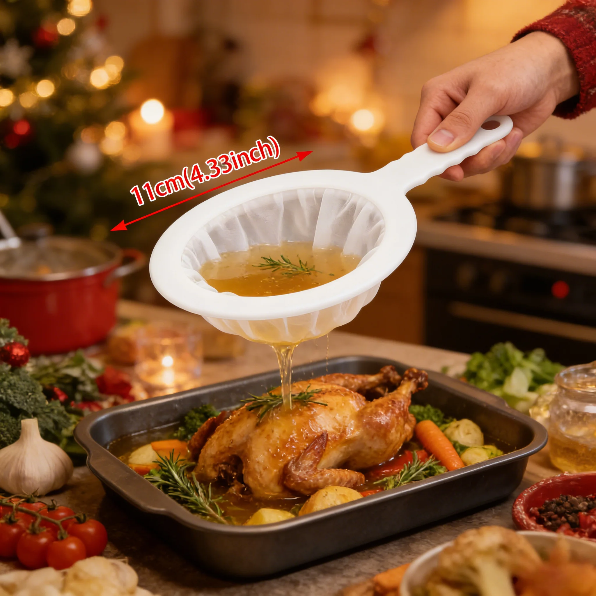 Filtro de cocina esencial para recetas navideñas: colador de malla fina con mango antideslizante para jugos, perros y repostería navideña