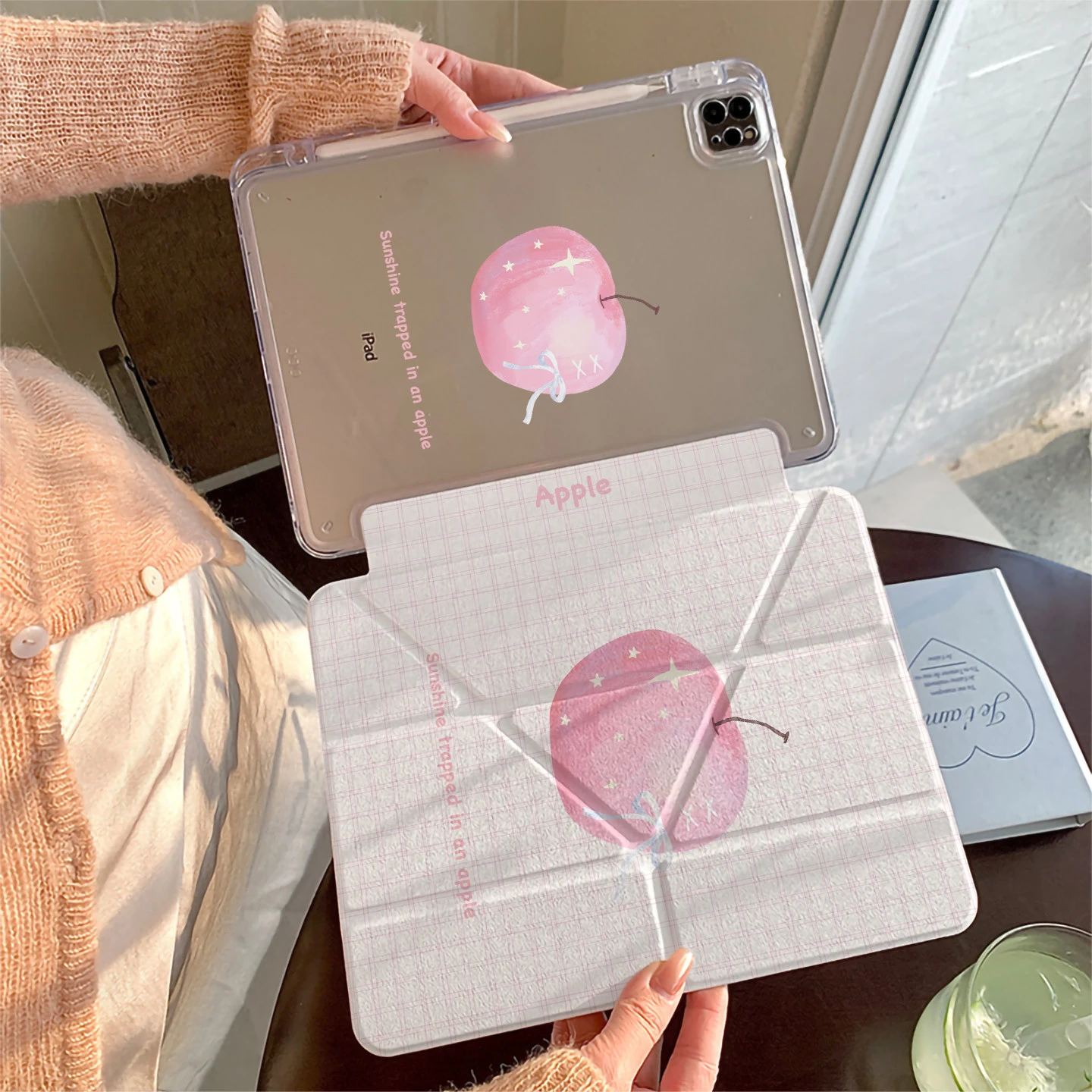 Cute Pink Plaid Apple Dreamy Y2K Tablet Case For iPad Pro 11 12.9 13 A16 M2 M4 M3 M5 5/6/7/8/9/10/11th Mini Air 3 4 5 6 7 Cover