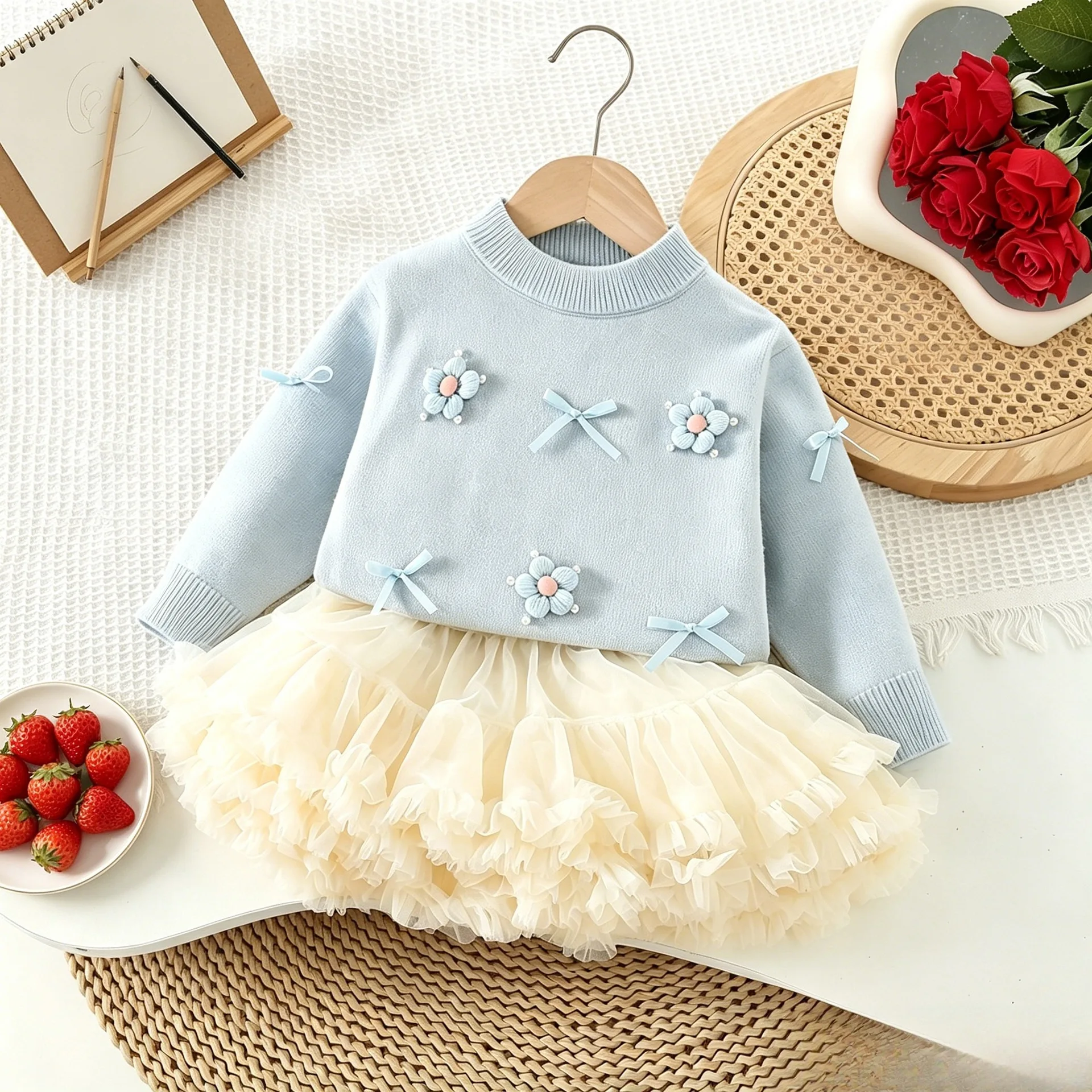 2 PCS Girls Outfit Set Appliques Bow-tie Knitted Sweater + Layered Tulle Skirt Princess Party Clothing with 3D Flowers JY07292