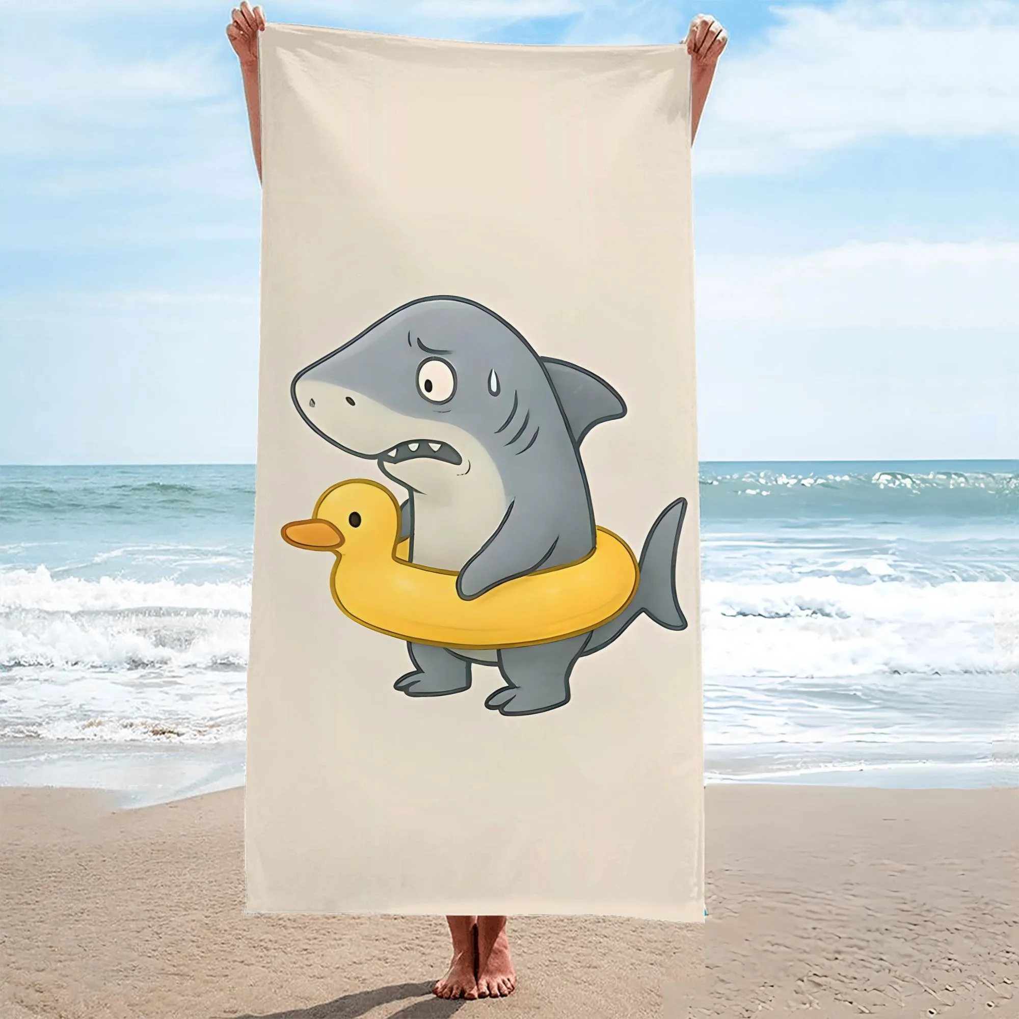 1 Cute Shark Duck Float Beach Towel 2D Single Print Soft Absorbent Quick Dry Sand Durable Beach Pool Vacation Travel Picnic Use